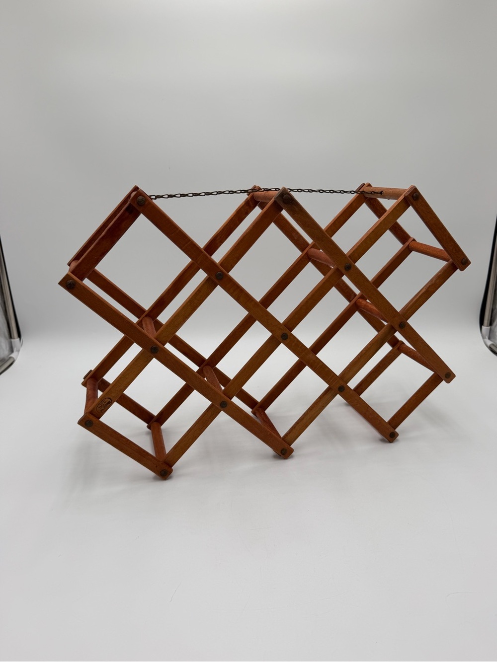 Vintage Wood 8 Bottle Folding Wine Rack Japan Chain Rustic Farmhouse Cottagecore